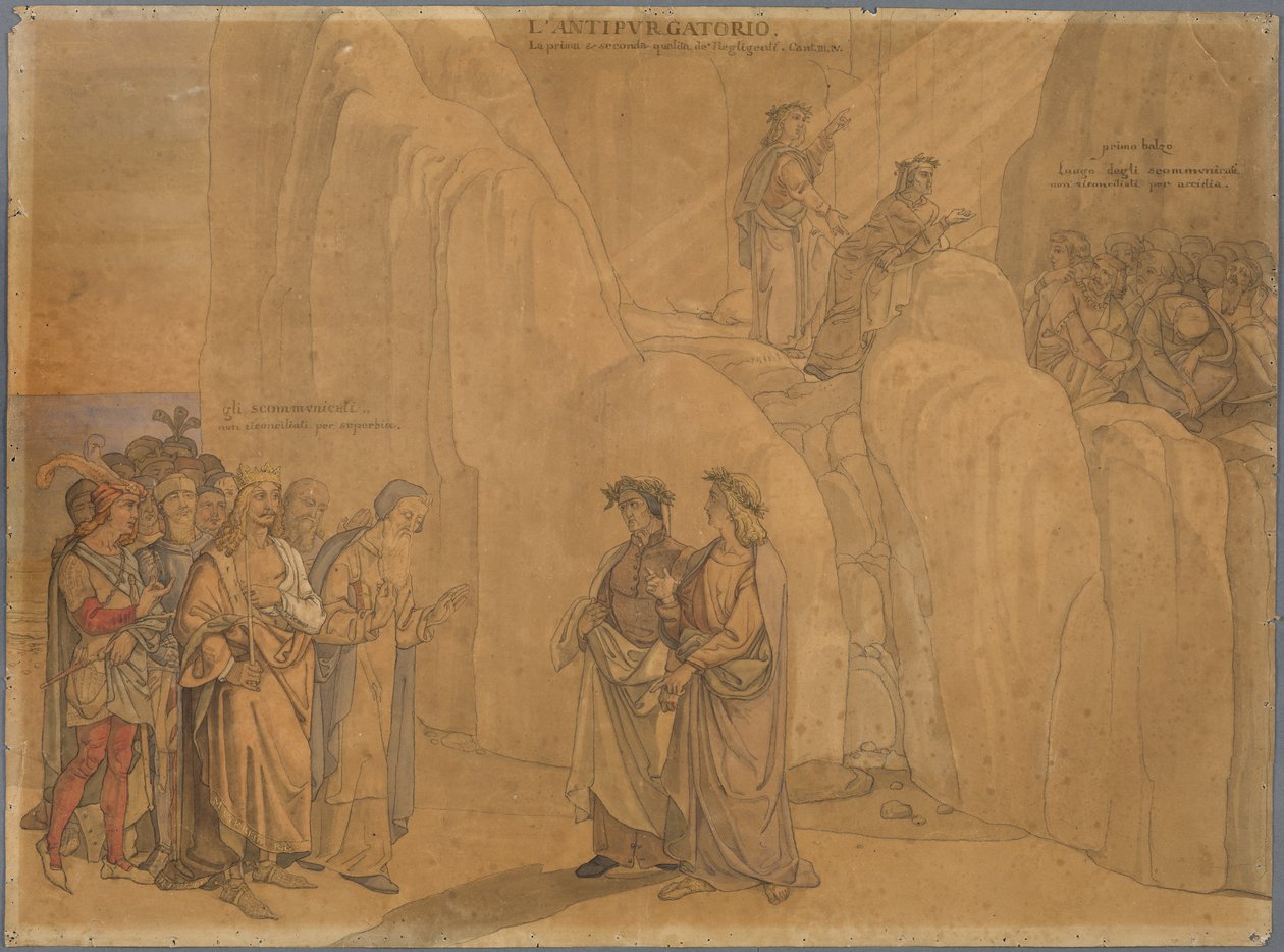Dante trifft Manfred, den ehemaligen König von Apulien und Sizilien, an einer Felswand, der sich ihm zu erkennen gibt und Verschiedenes mitteilt; oben auf dem Felsen sehen sie die kirchlich Verbannten Buße tun av Johann Anton Ramboux