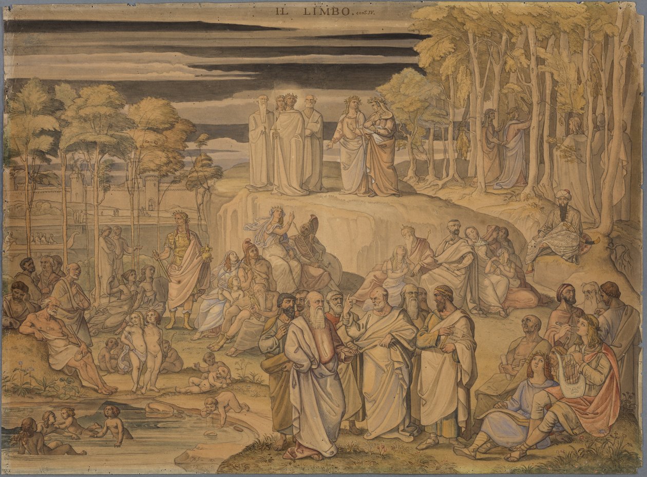 Dante i Limbus, det vill säga den plats där de goda själarna, men inte de döpta människorna, vistas. Här möter han de stora personligheterna från antiken och de oskyldiga barnen av Johann Anton Ramboux