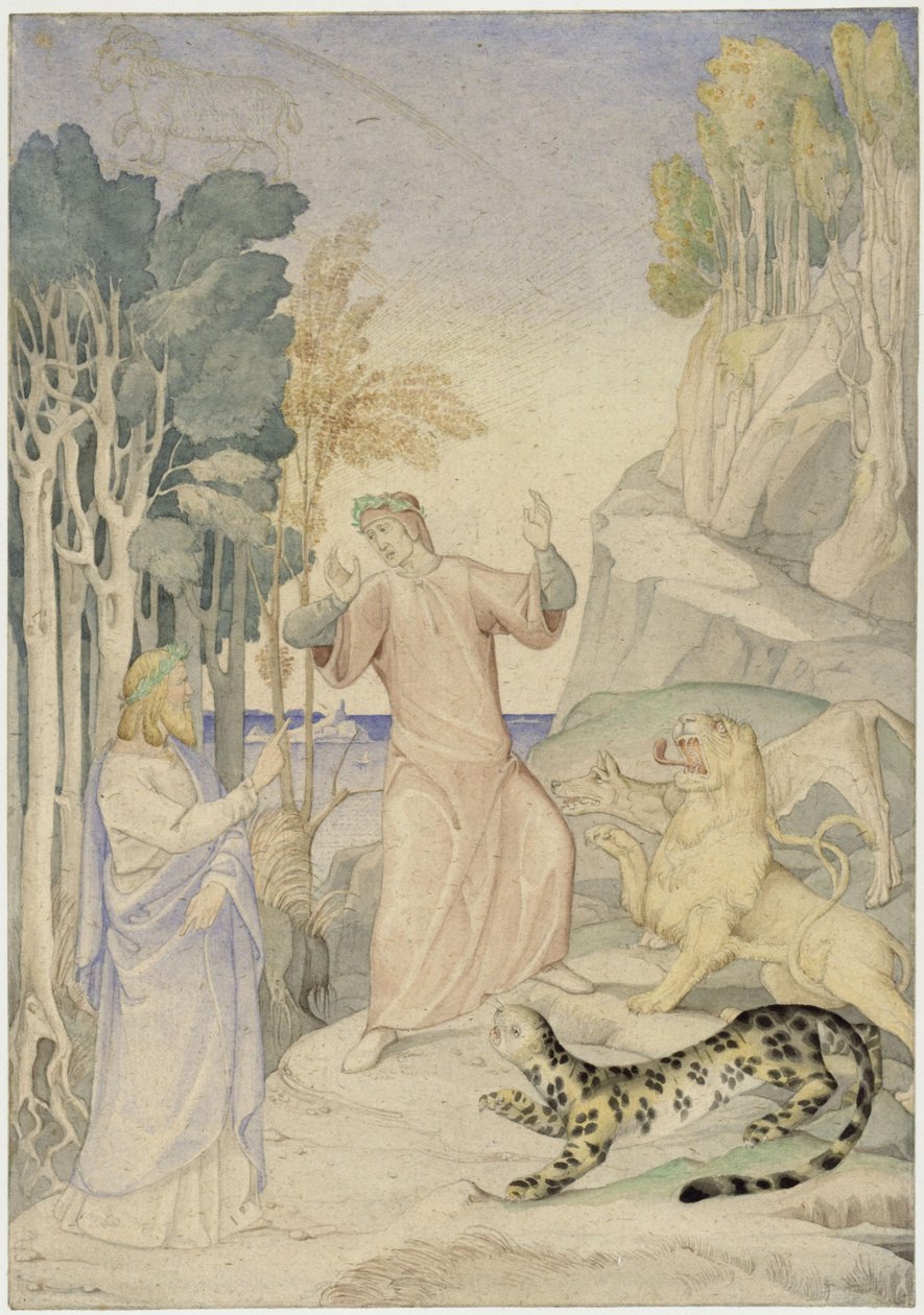 Dante och Vergilius inför de tre vilda djuren vid helvetets ingång av Johann Anton Ramboux