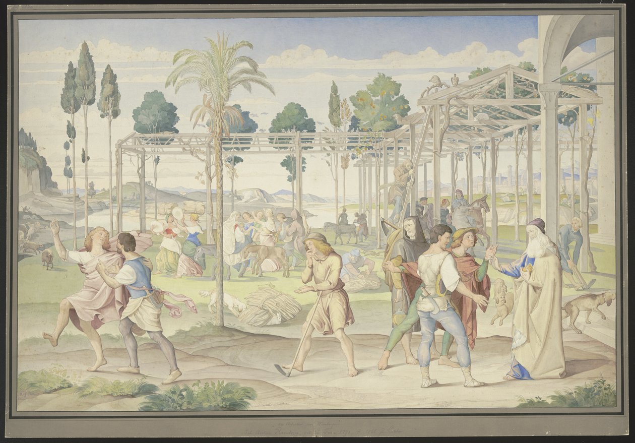Inspirerad av liknelsen om arbetarna i vingården, Primaticcios ”Vertumnus trädgård” och Poussins ”Floras rike” av Johann Anton Ramboux