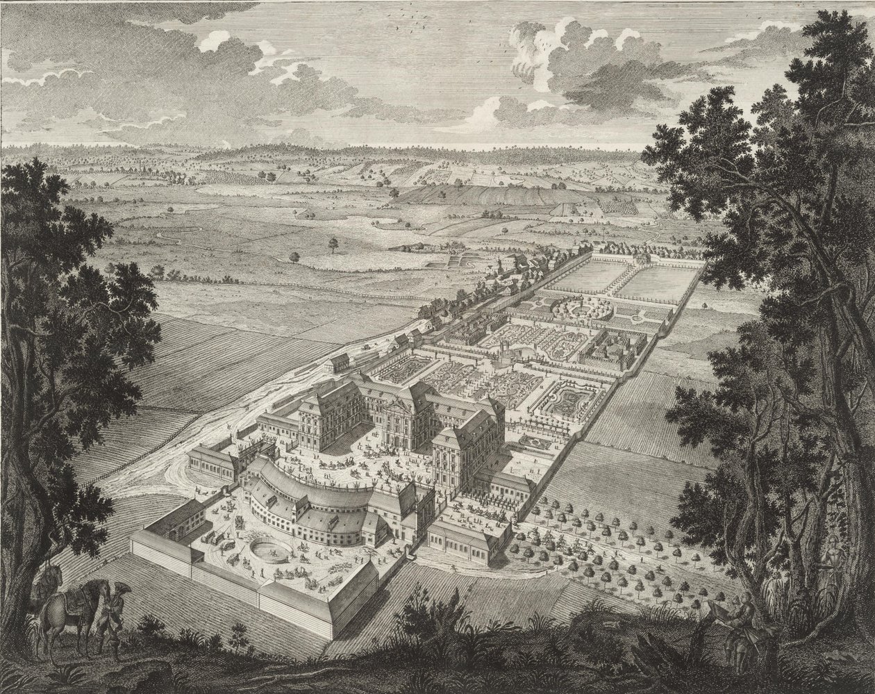 Perspektiv fågelperspektiv av menageriet på Weißenstein slott i Pommersfelden av Johann August Corvinus