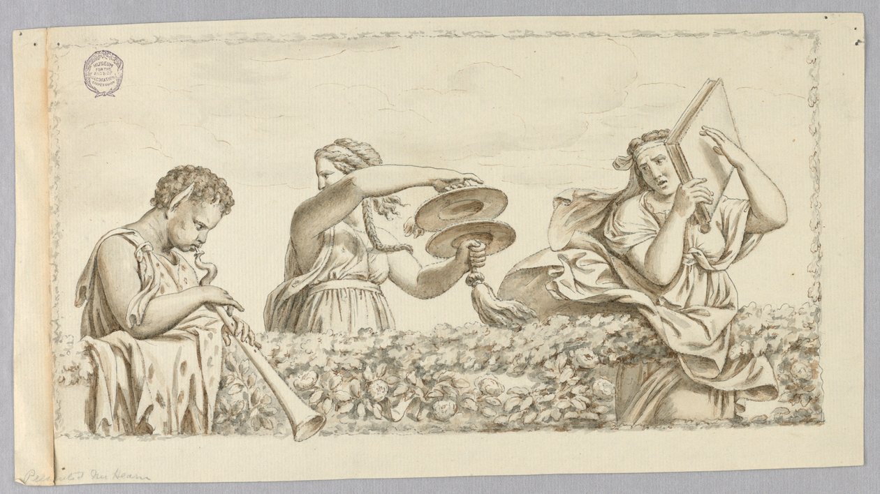 En satyrpojke som spelar flöjt, en flicka med cymbaler, en kvinna med en bok av Johann August Nahl the Younger