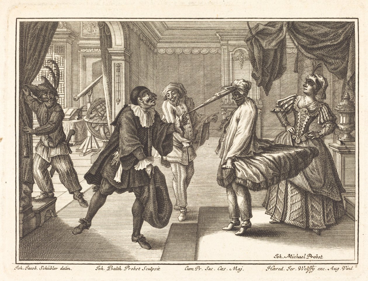 Harlekin i Dr. Polovards hus av Johann Balthasar Probst after Johann Jacob Schübler