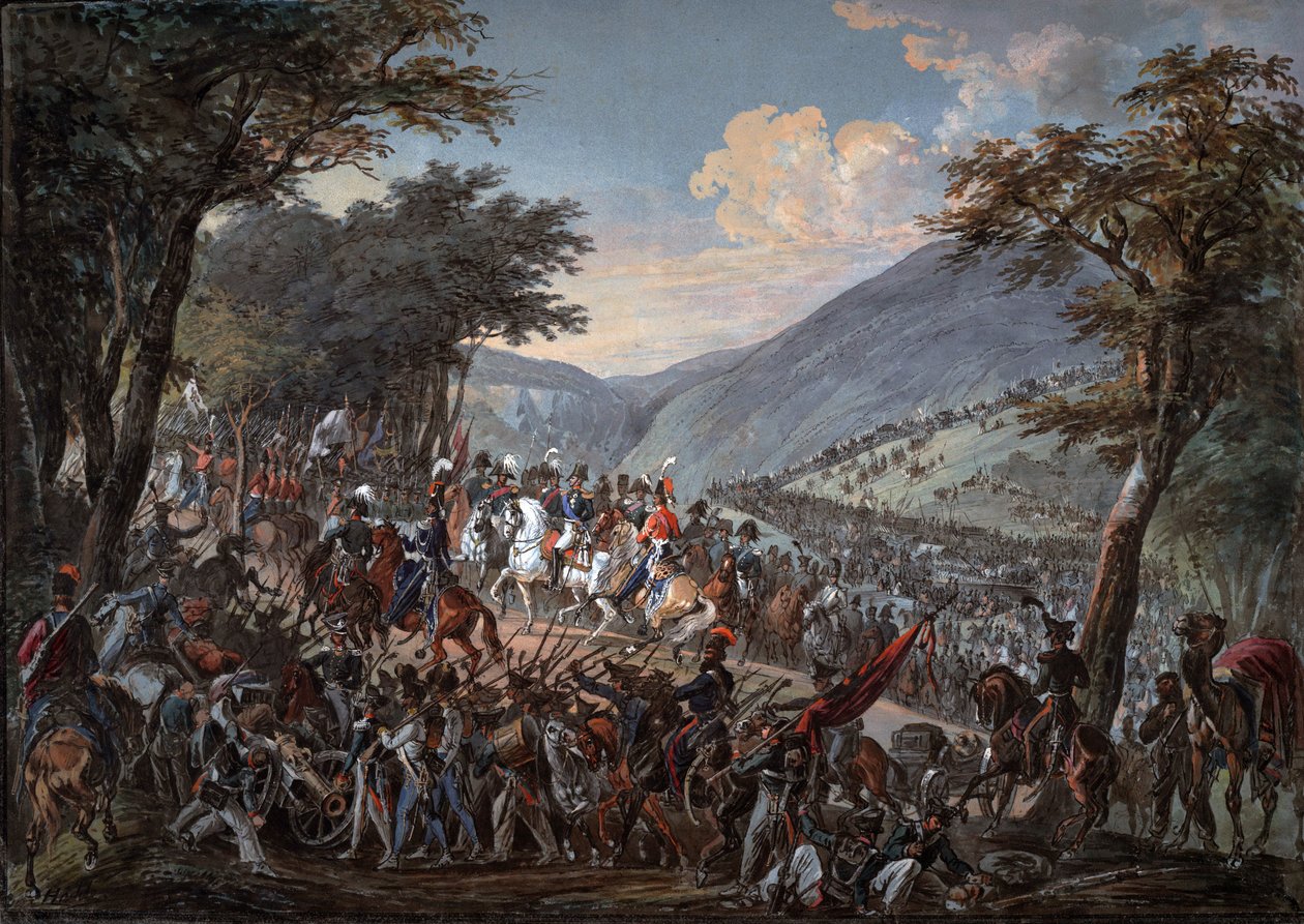 Kejsar Alexander I (1777-1825) och hans följe passerade genom Vogeserna i juli 1815 - Hoechle, Johann Baptist (1754-1832) - 1825 - Akvarell på papper - 70,9x99,7 - Privat samling av Johann Baptist Hoechle