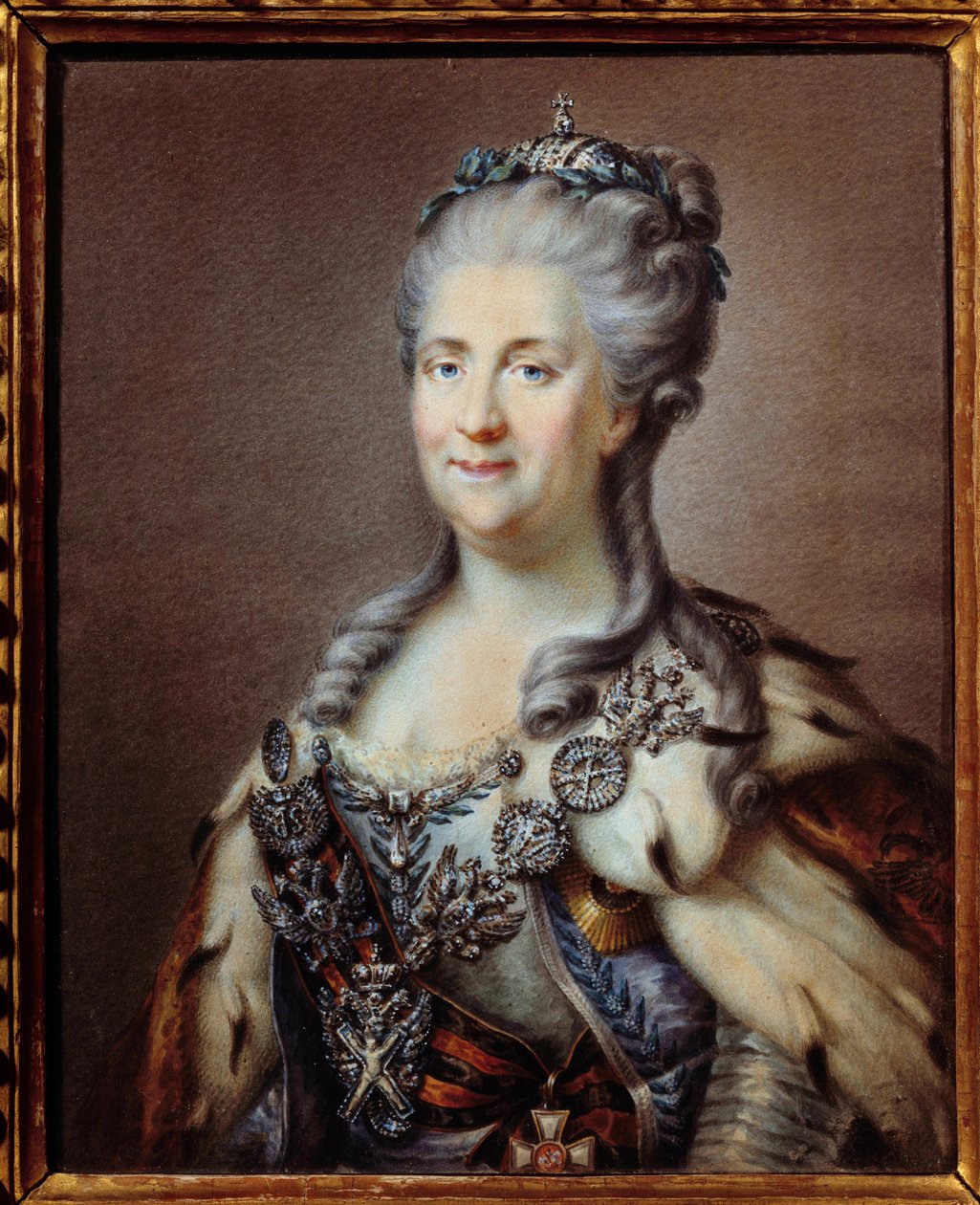 Porträtt av Katarina II (1729-1796) imperatrice av Ryssland med halsbandet av Saint Andre och repet av korset av Saint George Anonym akvarell från 1700-talet, enligt målningen av Johann Baptist von Lampi (1751-1830) Paris, museum av Johann Baptist I (after) Lampi