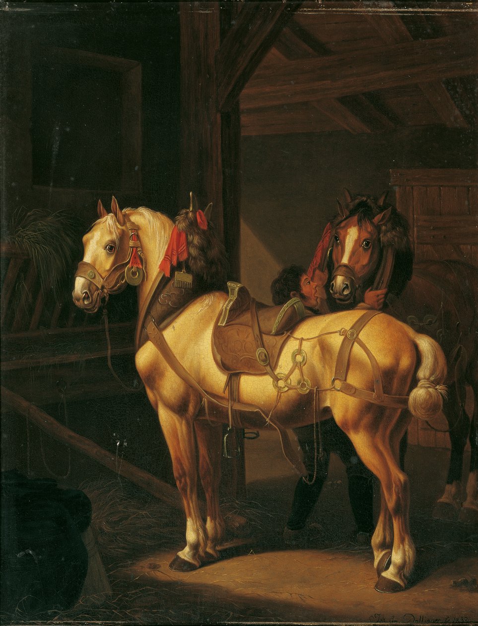 Två draghästar i stallet av Johann Baptist Michael Dallinger von Dalling