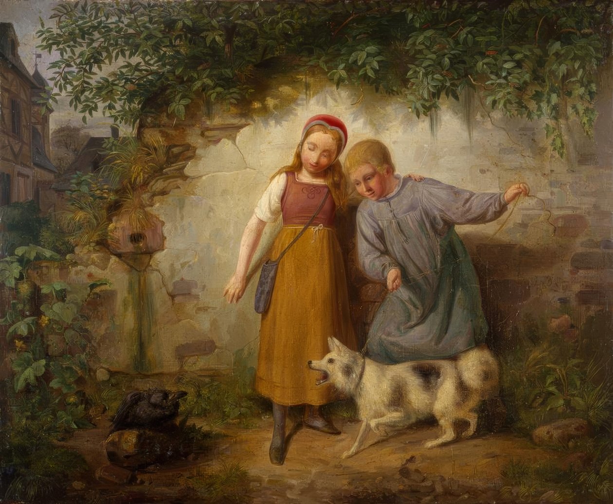 Två barn med en spitz av Johann Baptist Zwecker