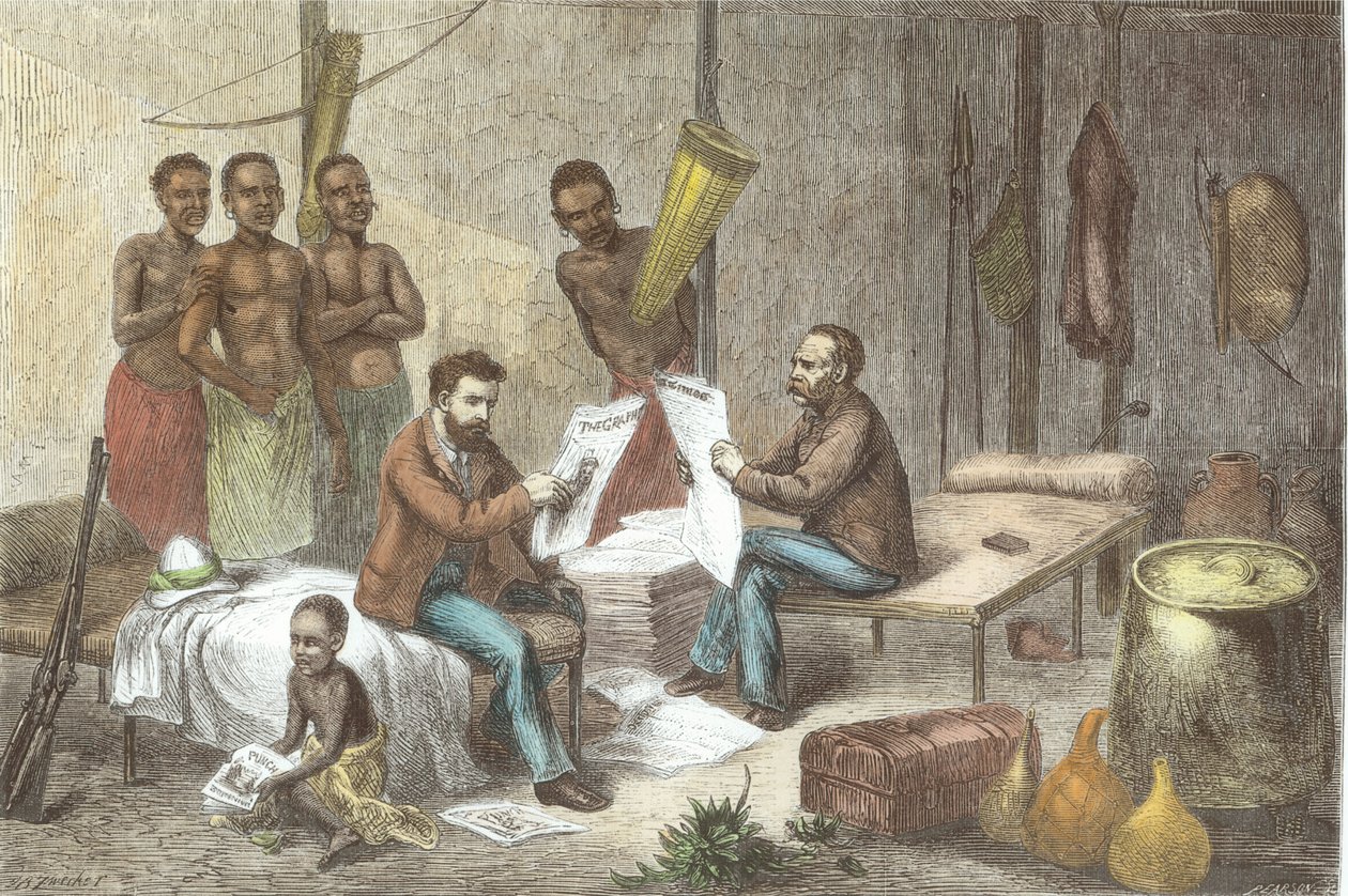 Dr. David Livingstone (1813-73) och Mr. Henry Morton Stanley (1841-1904) tar emot tidningar i Centralafrika, graverade av Pearson (senare färgläggning) av Johann Baptist Zweecker
