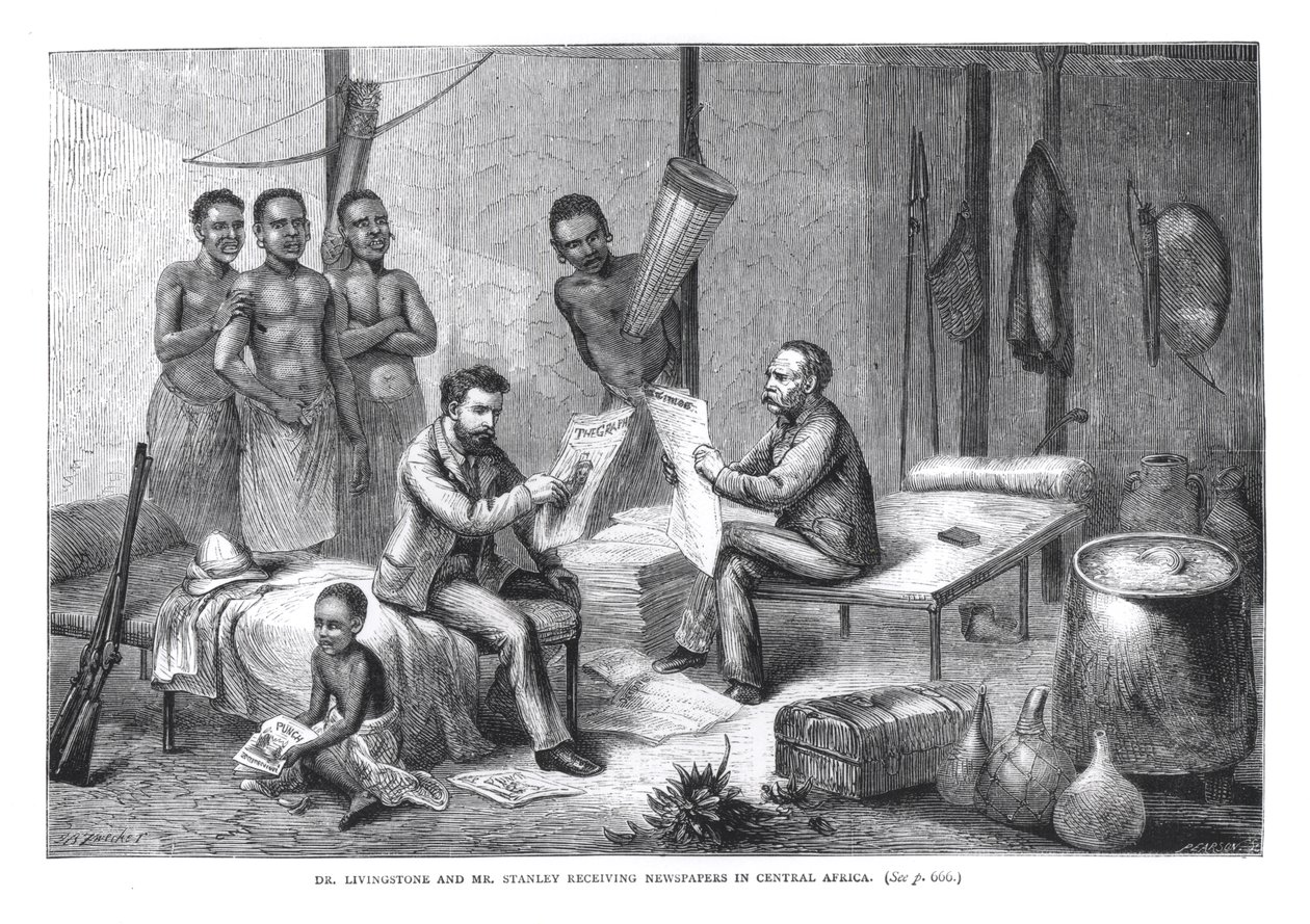 Dr. David Livingstone (1813-73) och Mr. Henry Morton Stanley (1841-1904) tar emot tidningar i Centralafrika, graverade av Pearson av Johann Baptist Zweecker