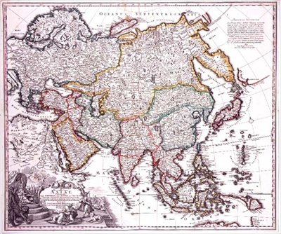 Mindre Asien, Arabien och Japan, ca 1725 (färgad gravyr) av Johann Baptista Homann