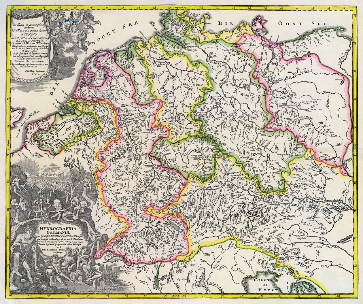 Hydrografisk karta över Tyskland, cirka 1720 (gravyr) av Johann Baptista Homann