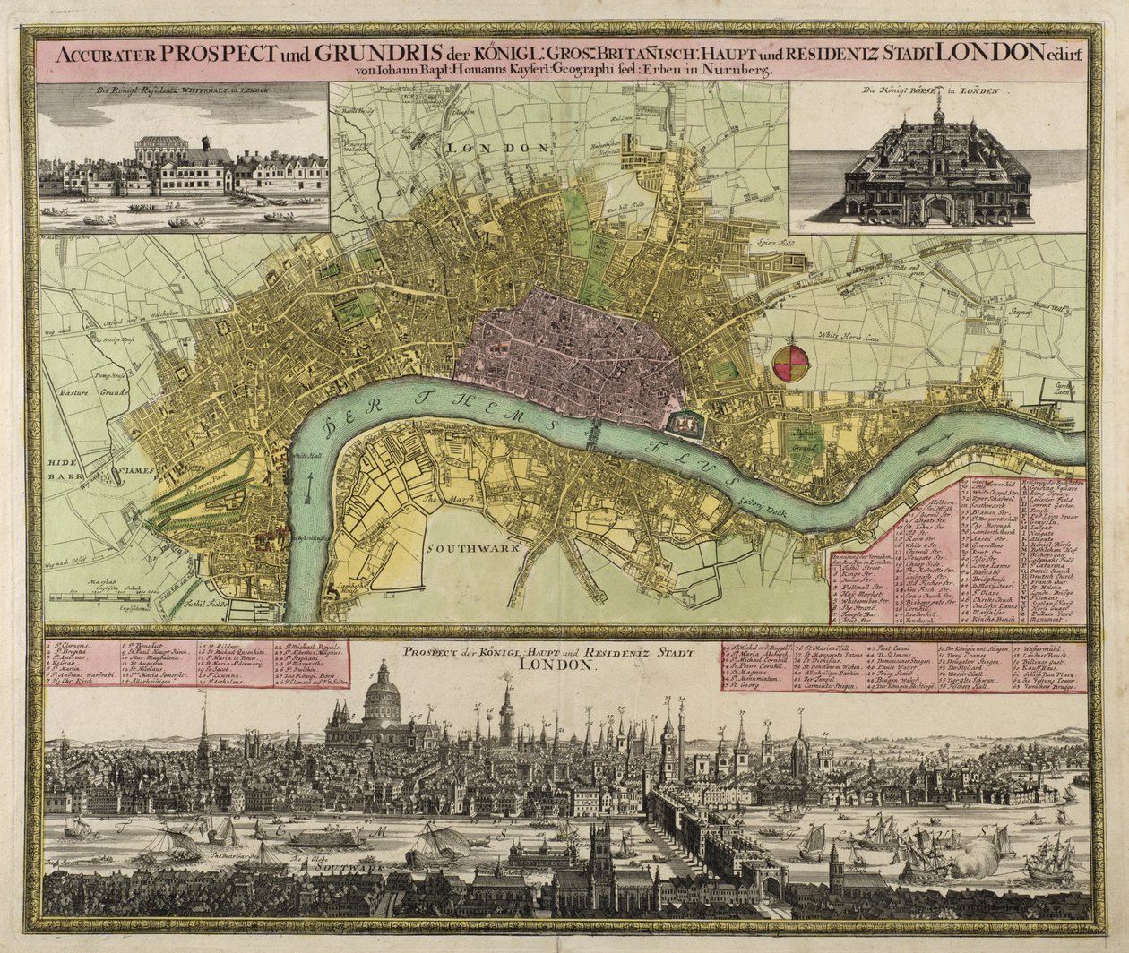 Karta och utsikt över London, ca 1710 (handfärgad gravyr) av Johann Baptista Homann