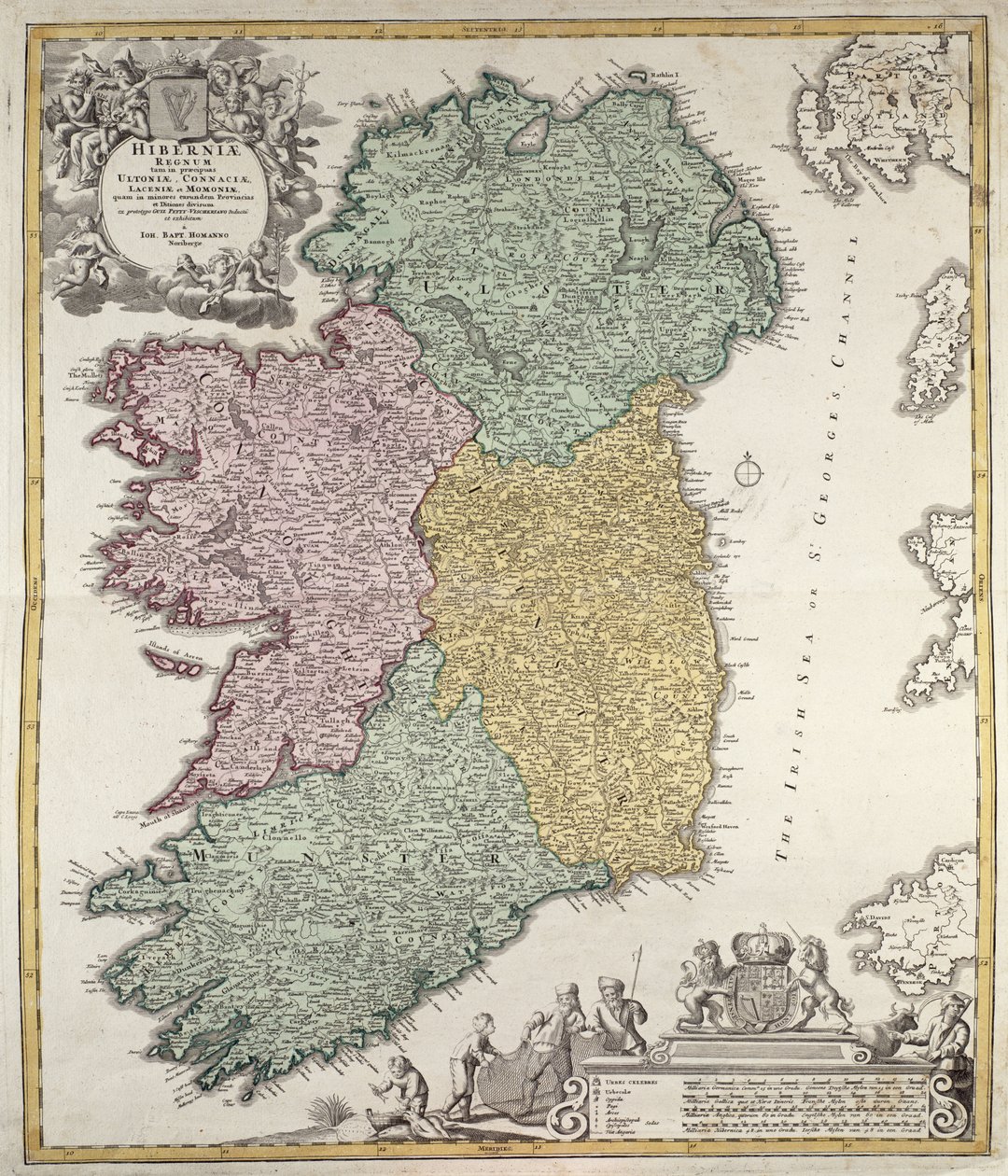 Karta över Irland som visar provinserna Ulster, Munster, Connaught och Leinster, av Johann B. Homann, ca 1730 (handfärgad gravyr) av Johann Baptista Homann