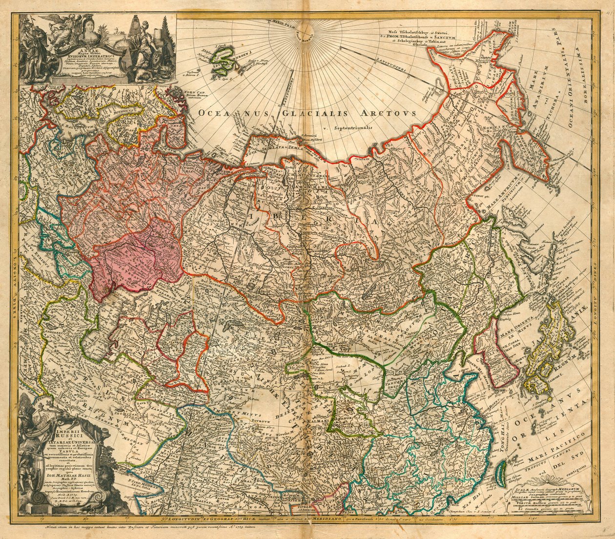 Karta över Ryssland (Från: Karta över det ryska imperiet och Tartary till hela Mindre Asien och Europa) - Homann, Johann Baptist (1663-1724) - 1738 - Kopparstick, akvarell - Privat samling av Johann Baptista Homann