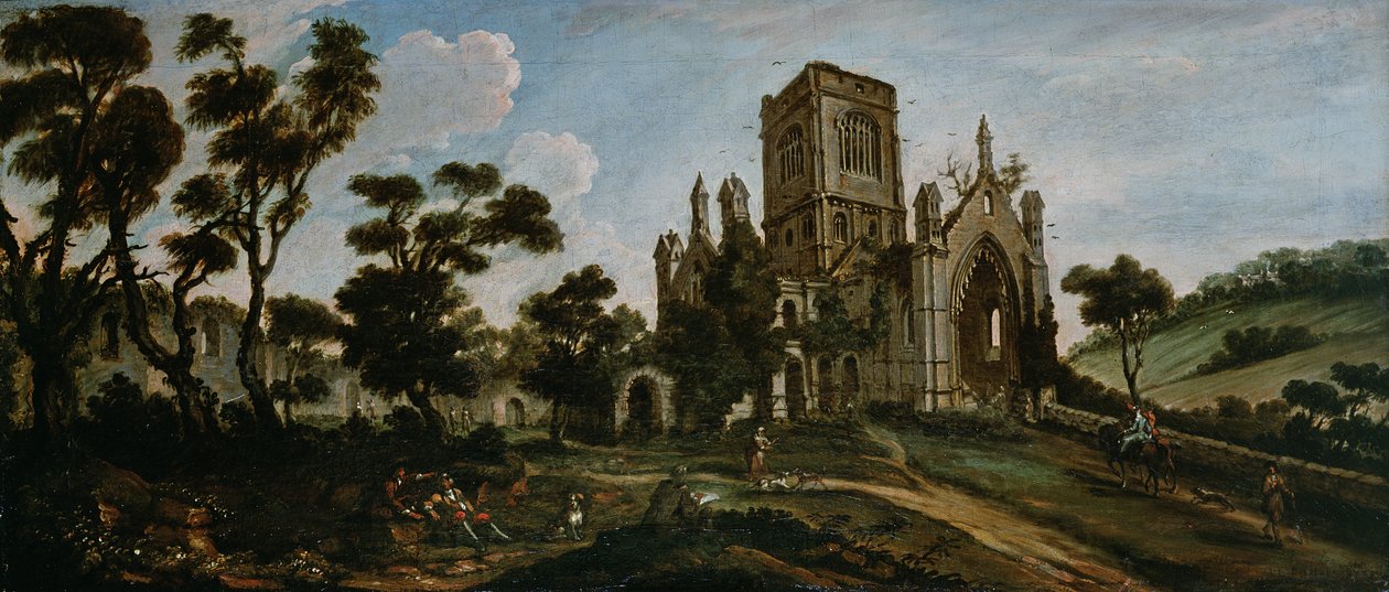 Södervy av Kirkstall Abbey, ca 1738 av Johann Baptiste Bouttats