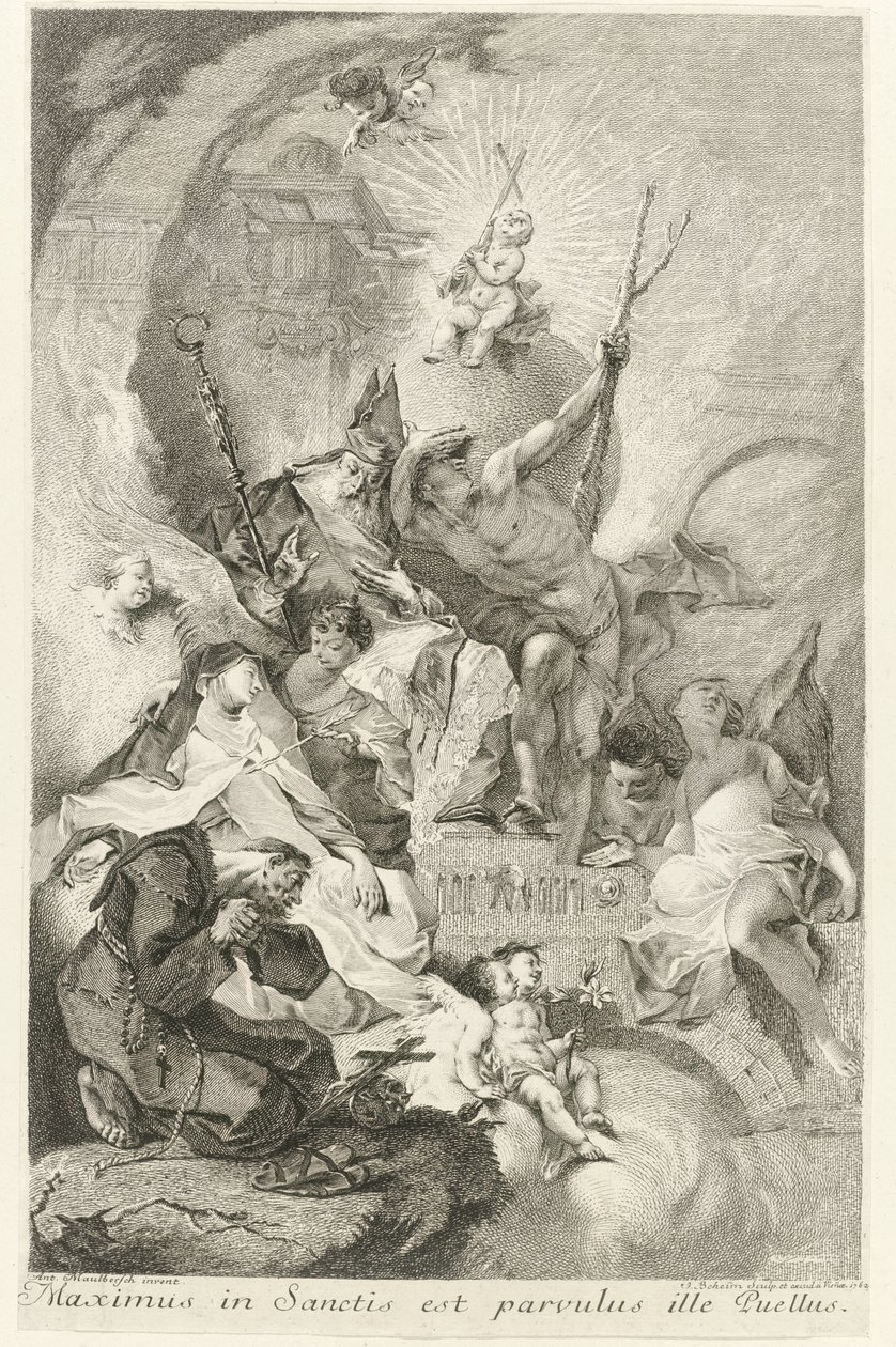 Het Christuskind als Salvator Mundi met verscheidene heiligen en paus Clemens XIII Den störste bland helgonen är den lille pojken (titel på föremålet) av Johann Beheim