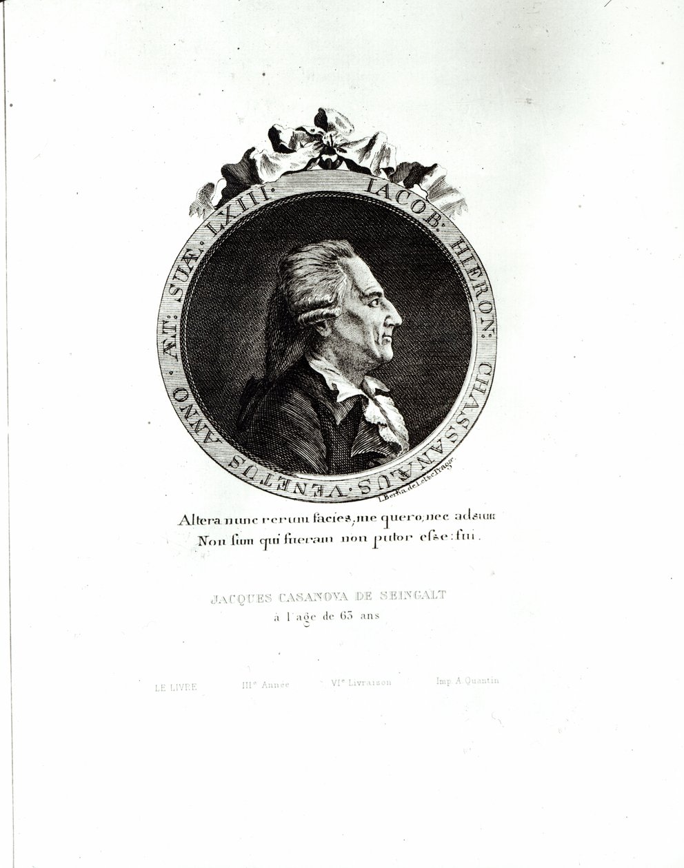 Medaljongporträtt av Giacomo Casanova (1725-98) 63 år, 1788 (gravyr) (bw-foto) av Johann Berka
