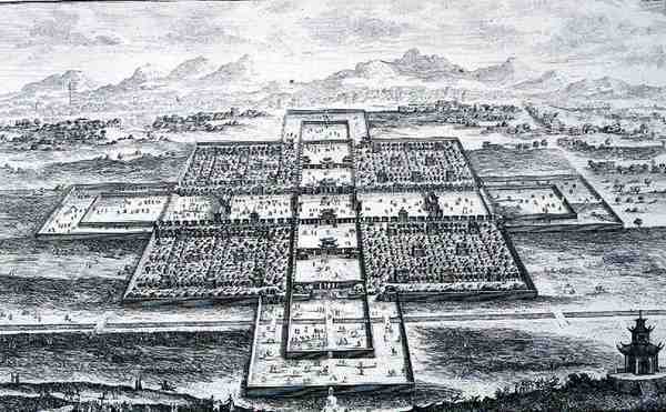 Perspektivvy av det kejserliga palatset, Peking, Kina, från 