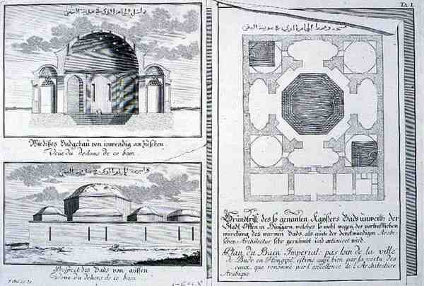 Plan, höjd och tvärsnitt av Imperial Baths, Budapest, Ungern, från "Blueprint of a historical architecture" av Johann Bernhard (after) Fischer von Erlach