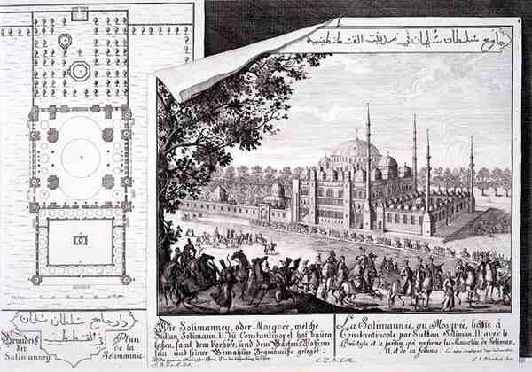 Plan och utsikt över Suleymaniye-moskén, Istanbul, från "Design av en historisk arkitektur", graverad av Johann Adam Delsenbach av Johann Bernhard (after) Fischer von Erlach