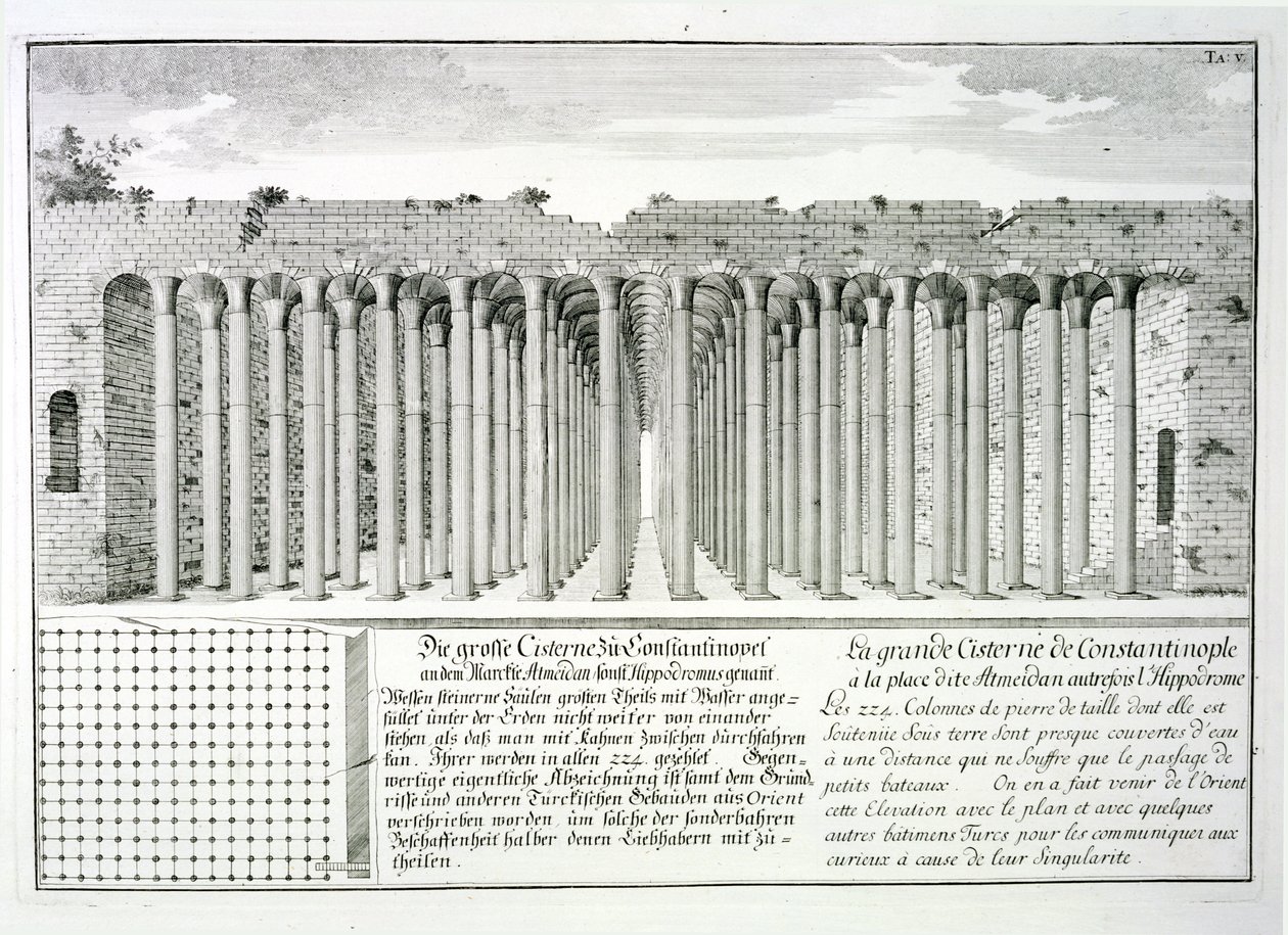 Cistern under Hippodromen, Konstantinopel, Turkiet, från "Entwurf einer historiska arkitektur", 1721 av Johann Bernhard Fischer von Erlach