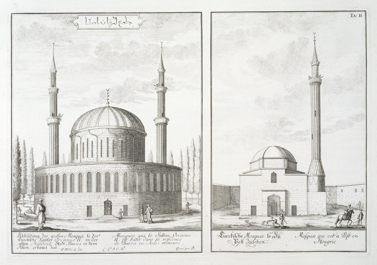 Utsikt över en moské i Bursa och en moské i Ungern, från "Blueprint of a Historic Architecture", 1721 av Johann Bernhard Fischer von Erlach