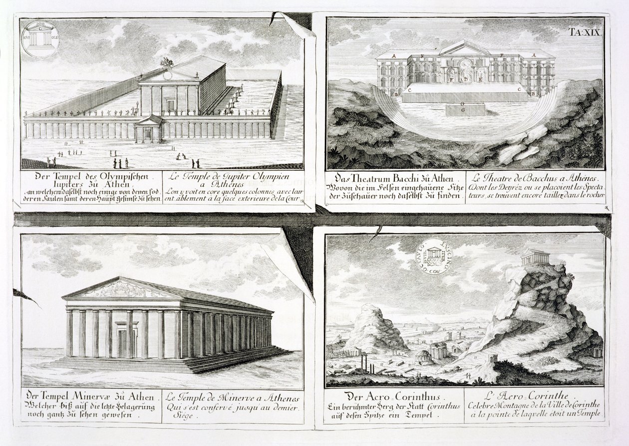 Utsikt över fyra klassiska byggnader: Zeus tempel, Dionysos teater i Aten, Athenatemplet i Aten och ett tempel i Korinth, från Entwurf einer historischen Architektur, av Johann Bernhard Fischer von Erlach