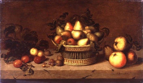 Stilleben av frukt i en korg (panel) av Johann Bouman