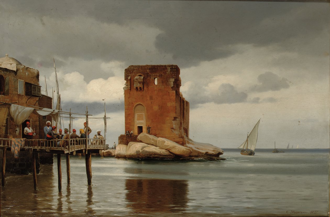 Ved toldboden i Beyrouth. Scen av en hamn med en tullhamn, Beirut av Johann Carl Neumann
