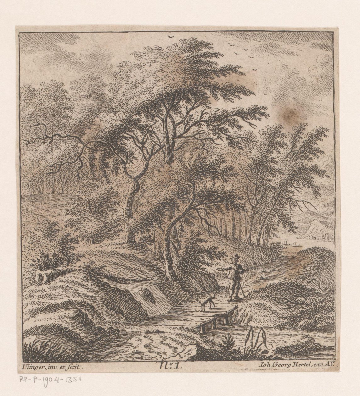 Man med en hund som går längs en skogsbryn av Johann Caspar Ulinger