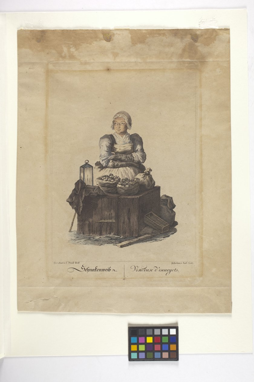 Schneckenweib Or Vendeuse Des Escargots (Snigelförsäljare) (handfärgad etsning) av Johann Christian (after) Brand