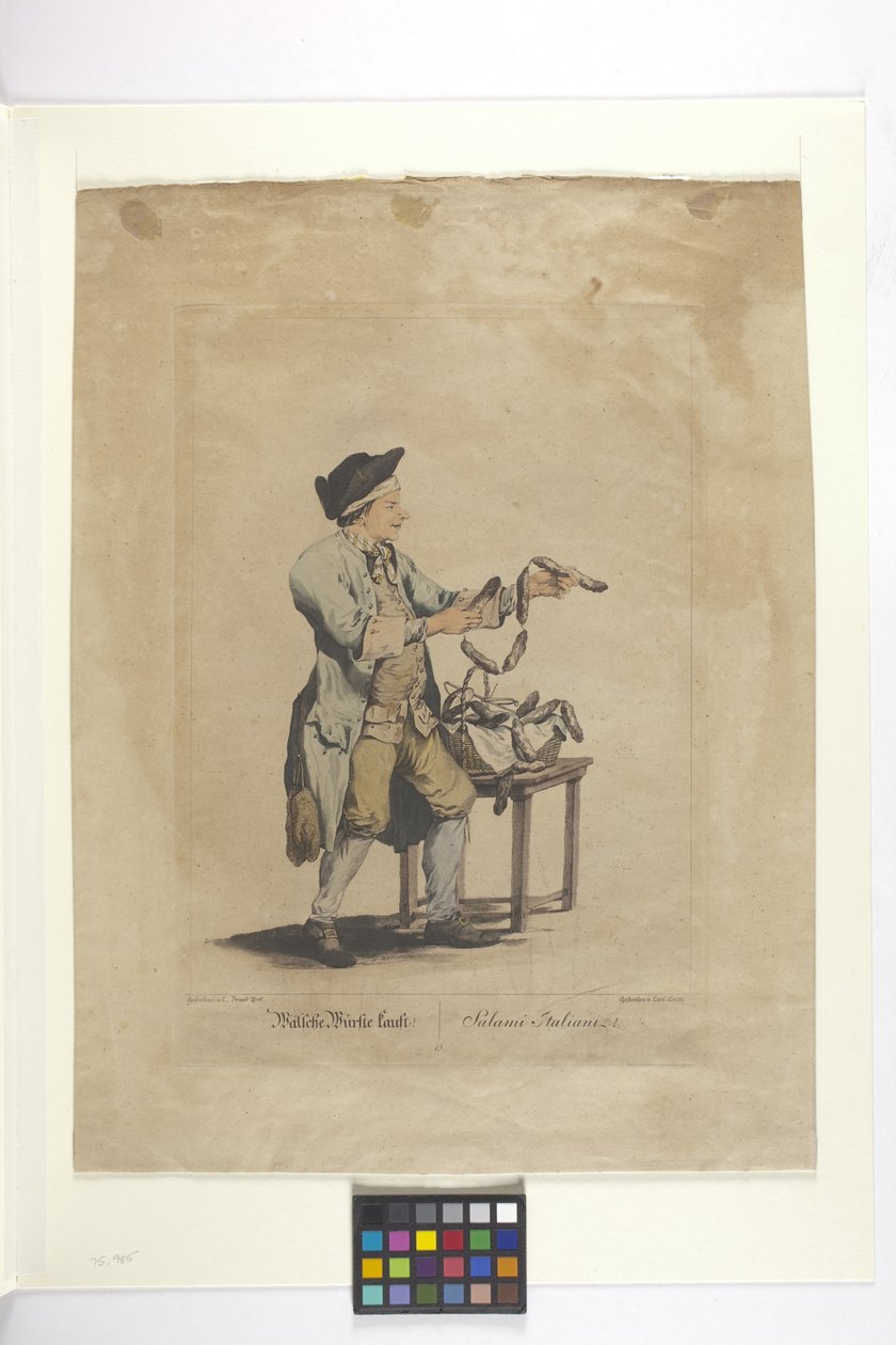 Wälsche Würste Kauft - Salami Italiani (handfärgad etsning) av Johann Christian (after) Brand