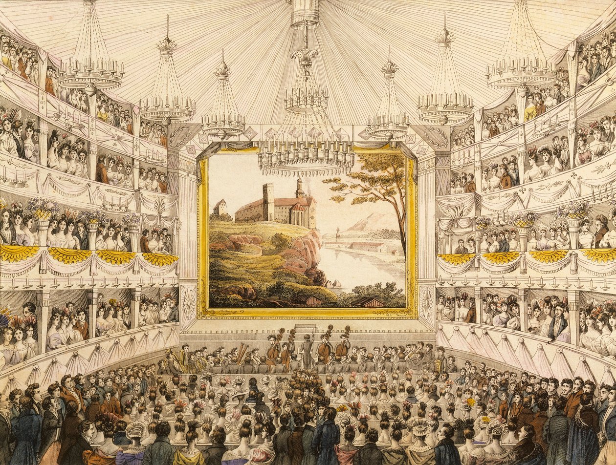 Österrike, Wien, inredning av Theater an der Wien (Wien teater), akvarelltryck av J.C. Schoeller av Johann Christian (after) Schoeller