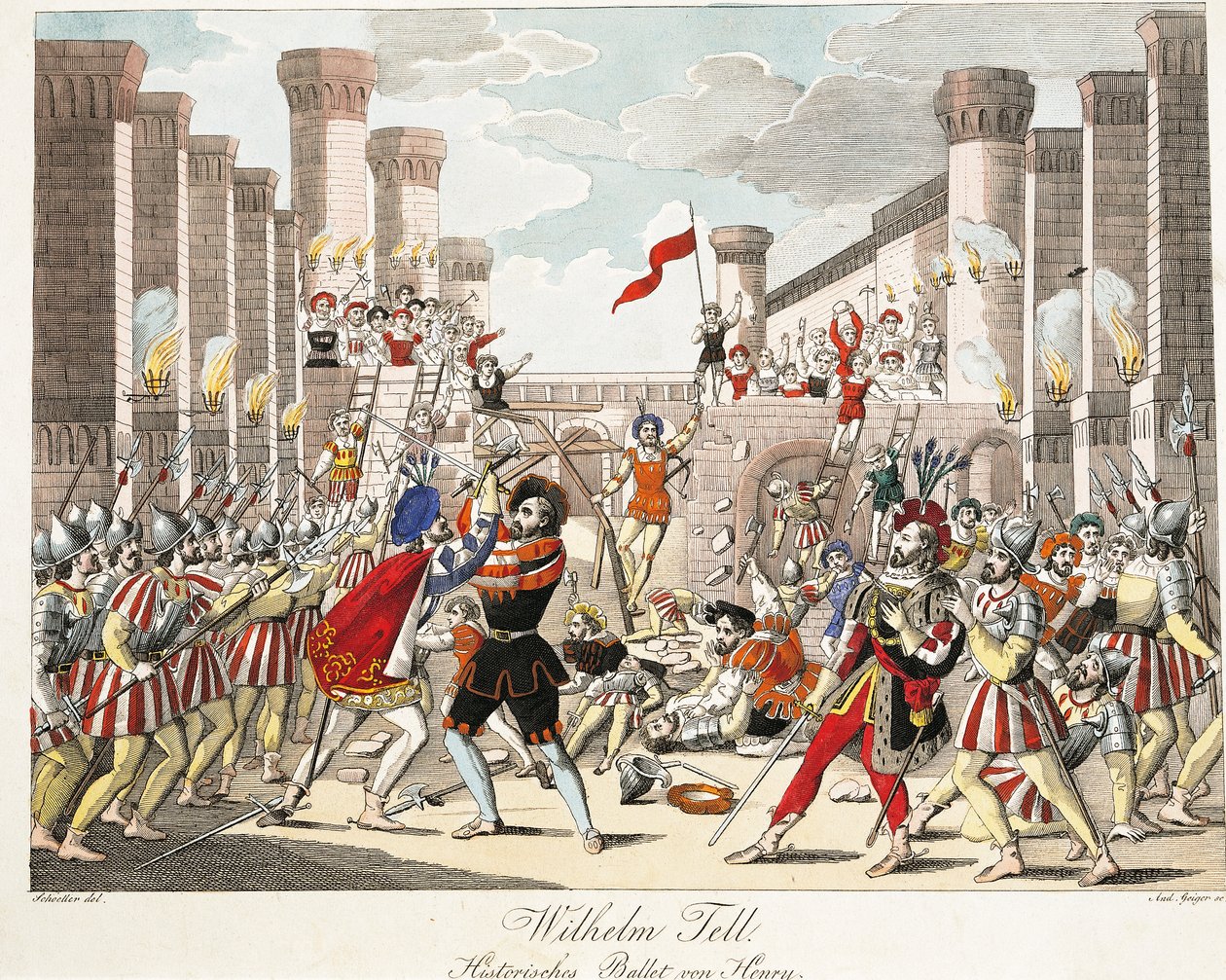Historisk balett av Henrik, scen ur "William Tell" av Gioachino Rossini, graverad av Geiger (färggravyr) av Johann Christian (after) Schoeller
