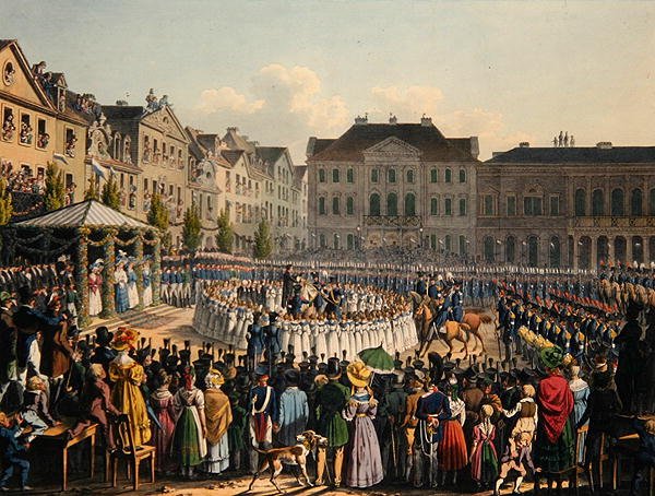 Flagginvigningsceremoni av Kassel Citizen Guard 1831 (färg litho) av Johann Christian Arnold