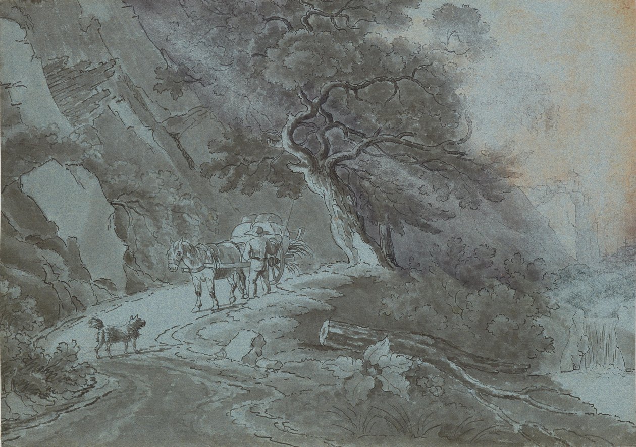 Bonde med hästkärra på skogsstig i åskväder av Johann Christian Brand