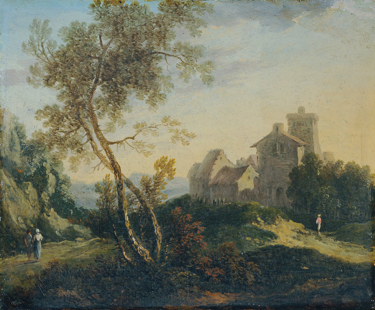 Idealiskt landskap med träd och befäst by (The Evening) av Johann Christian Brand