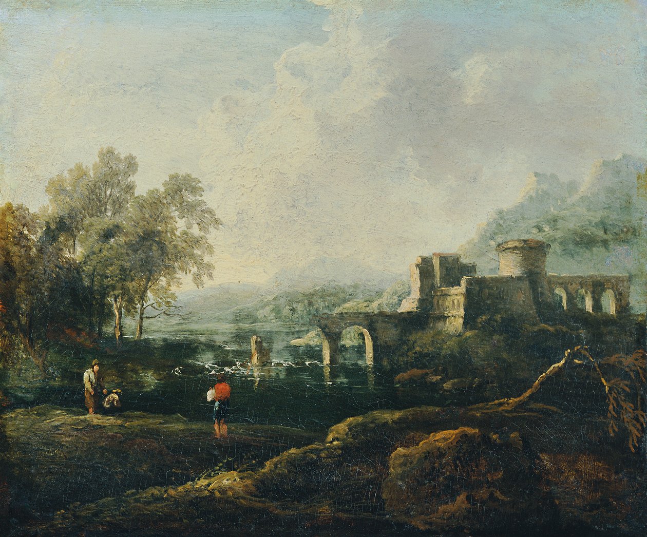Idealiskt landskap med flod och ruinbro (The Morning) av Johann Christian Brand
