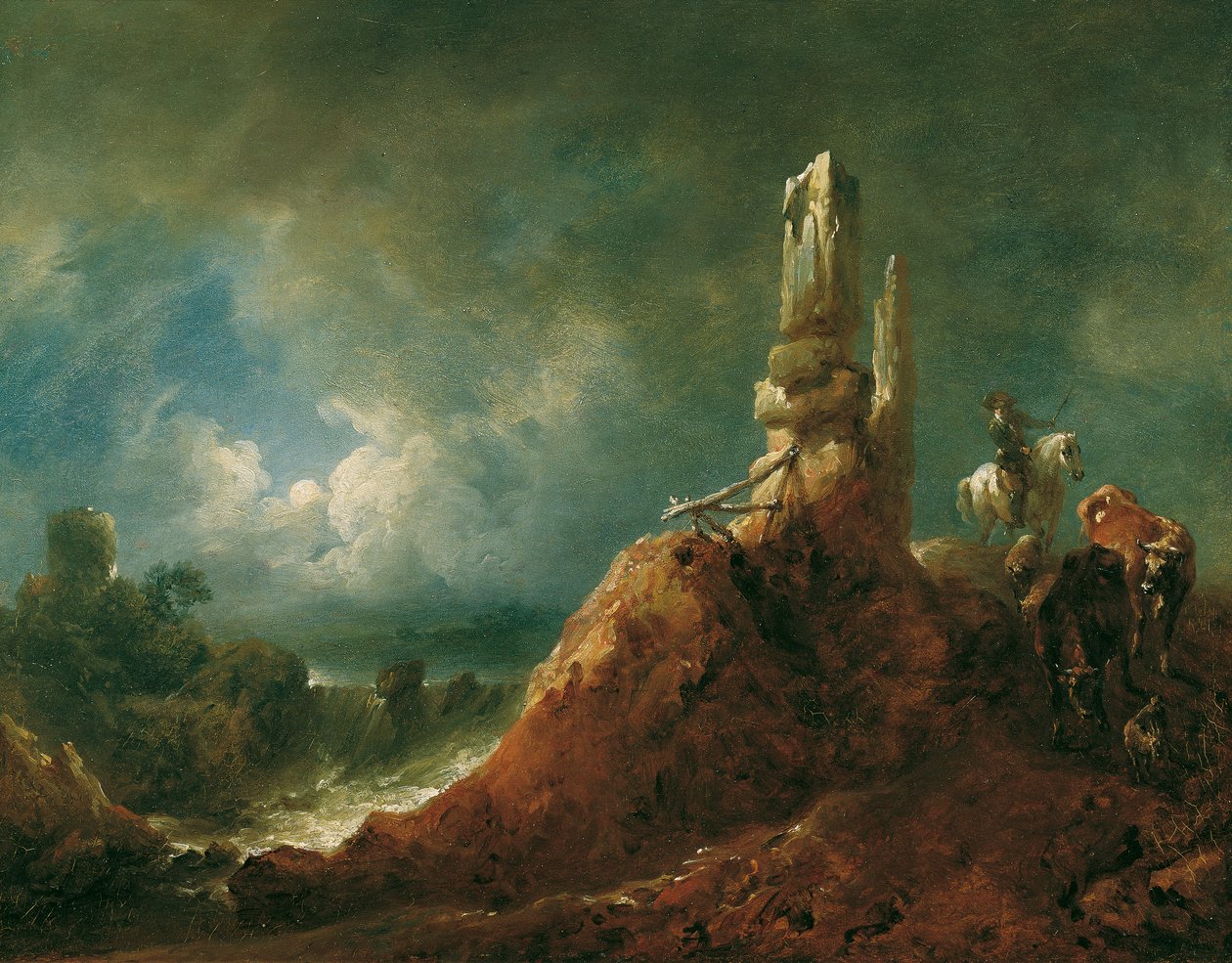 Landskap med ruiner och ryttare av månsken av Johann Christian Brand