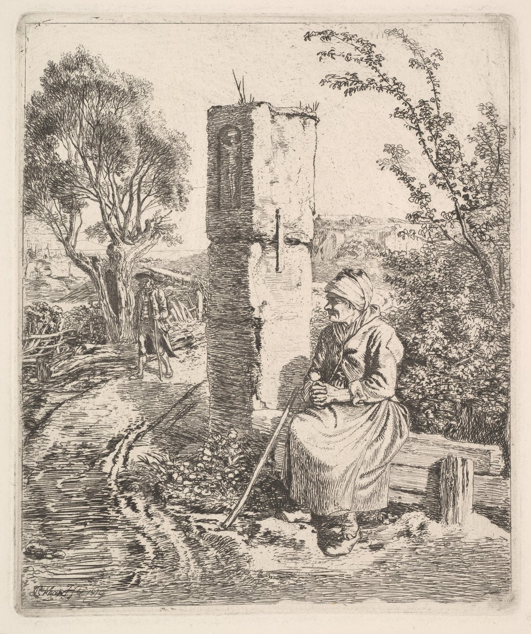 En gammal dam som sitter nära en pelare vid Side of Road, 1819. av Johann Christian Erhard