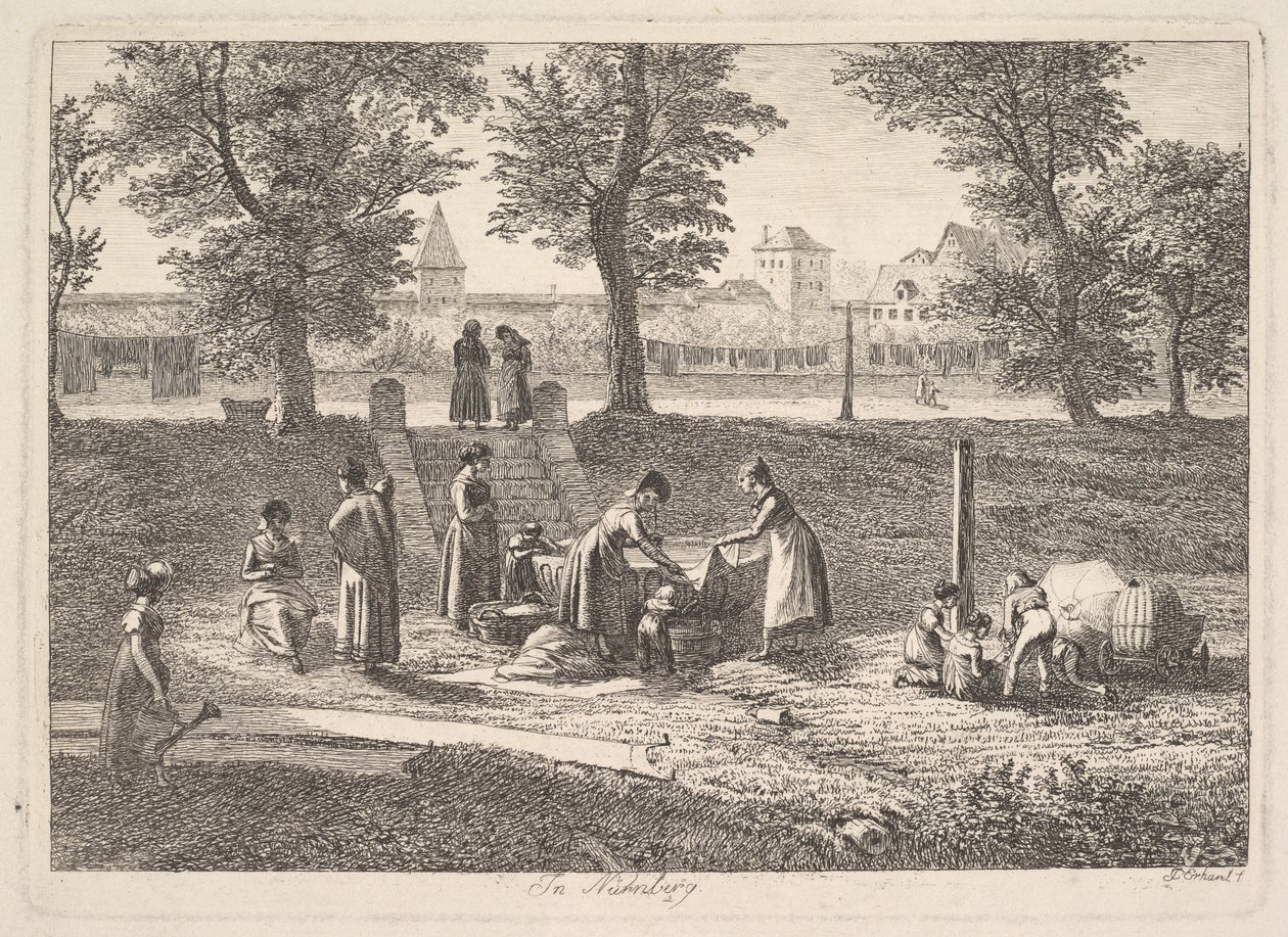 Utomhusscen för kvinnor i inhemska aktiviteter i Nurnberg, 1800-talet. av Johann Christian Erhard