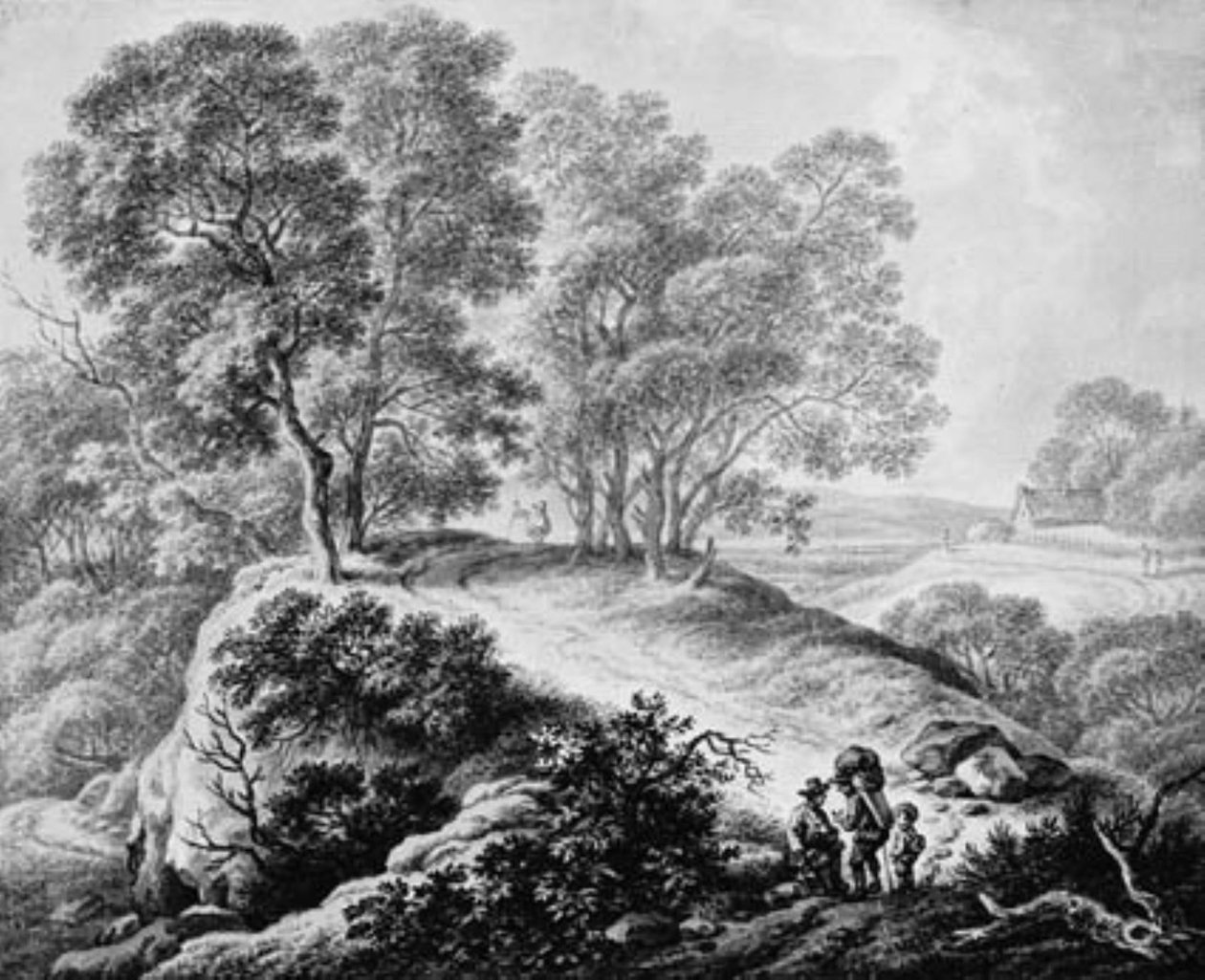 Landskap med figurer och väg mellan höga träd av Johann Christian Klengel