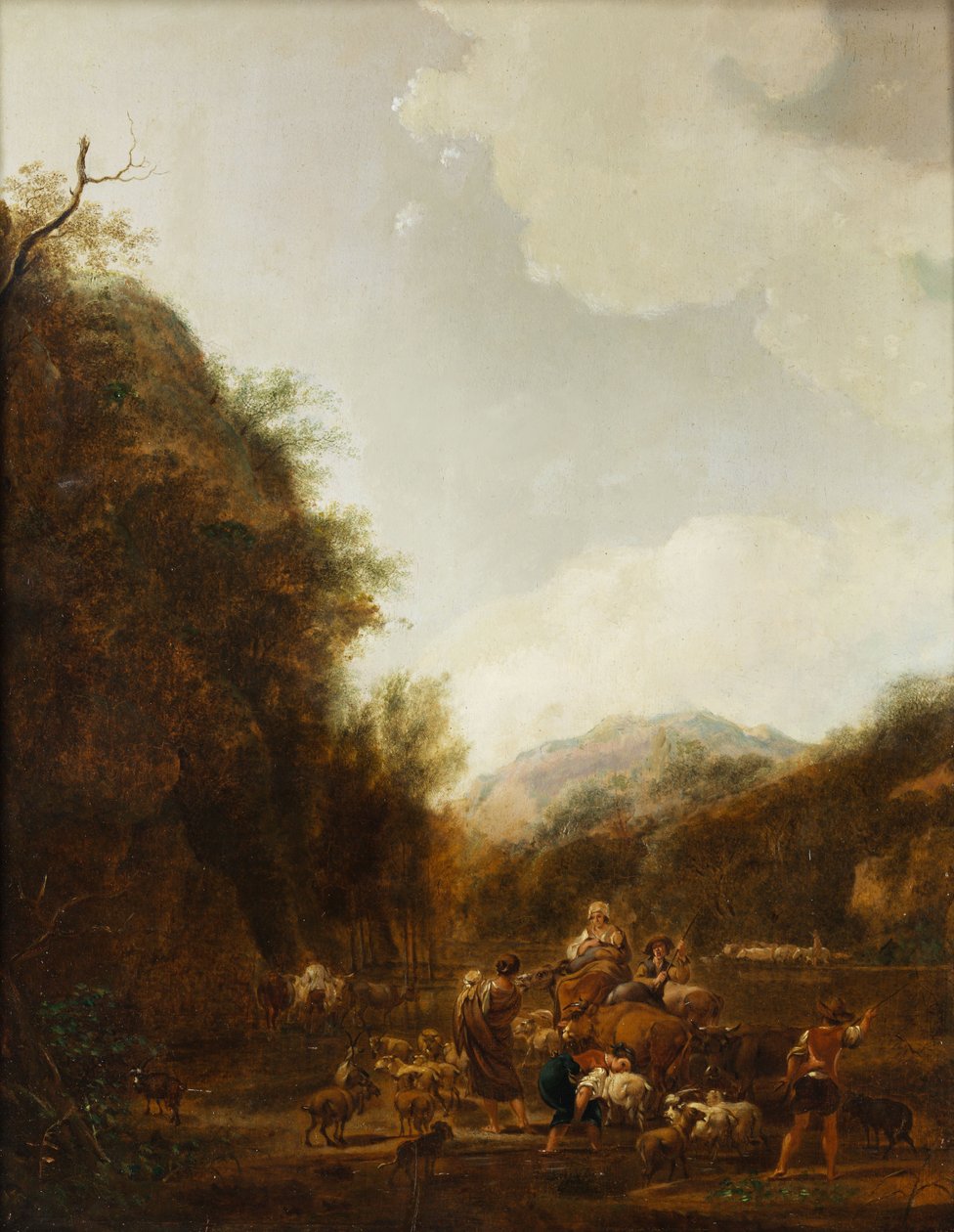 Bergslandskap med herdar och boskap vid dricksvattentråg av Johann Christian Klengel