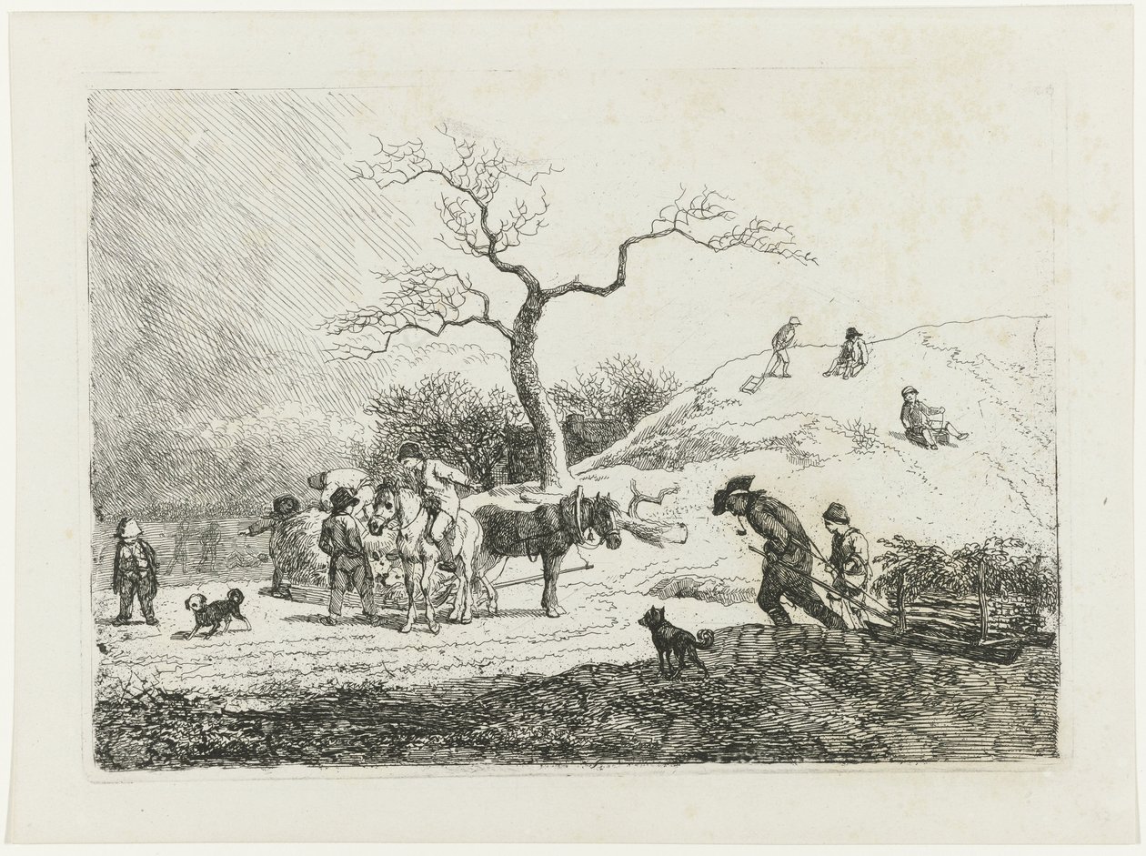 Vinterlandskap med lekande barn och olika slädar av Johann Christian Klengel