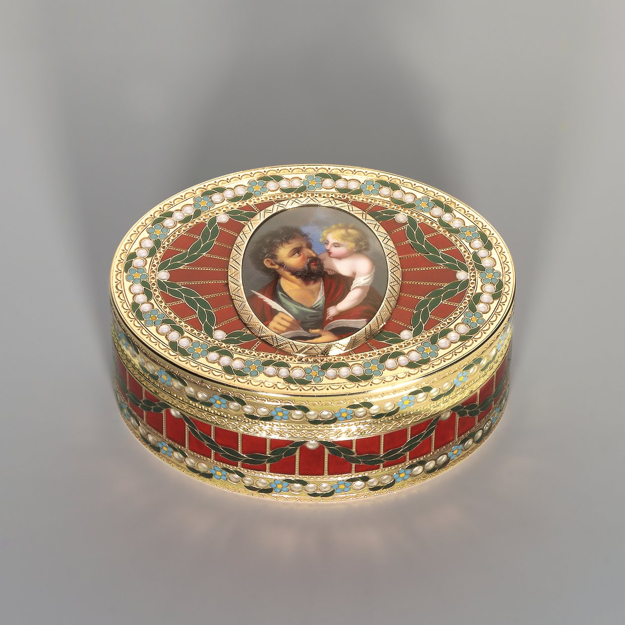 Snusdosa, Dresden, ca 1775-80, miniatyren Genève, ca 1800 (saxisk hårdsten, guld och emalj) av Johann Christian Neuber