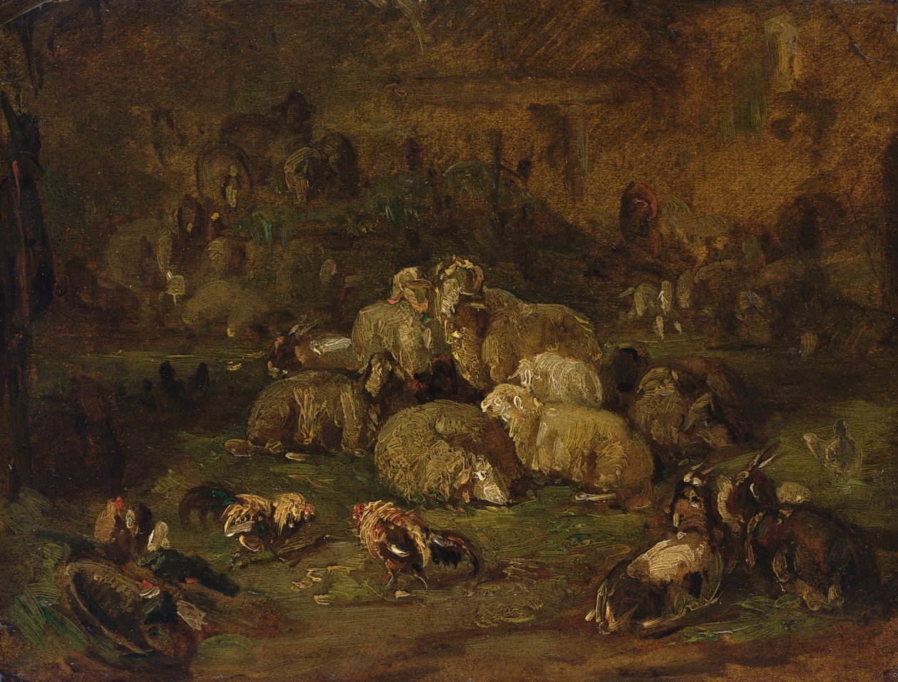 Får, getter och höns (olja på papper på duk) av Johann Christian Reinhardt