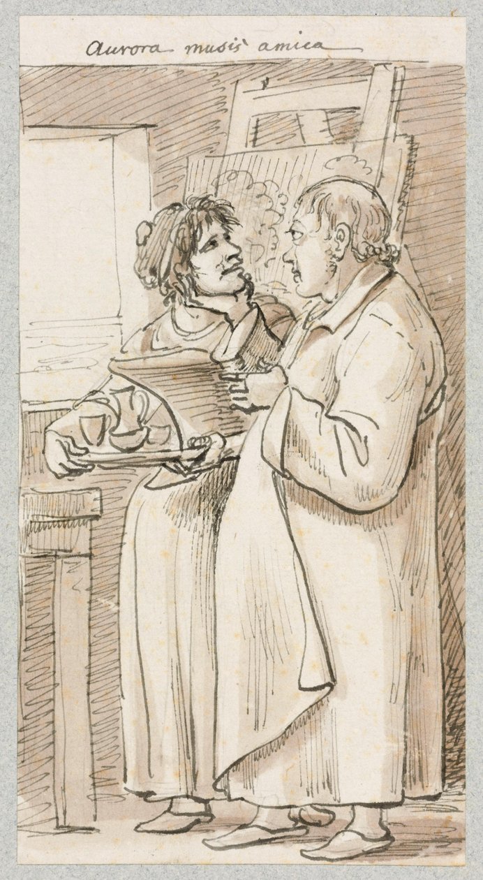 En äldre man i lång kjol och en kvinna med kaffeservis i händerna som står framför en staffli av Johann Christian Reinhart