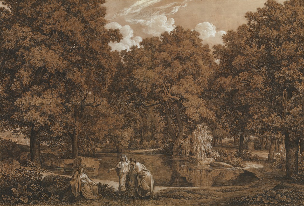 Arkadiskt landskap med tre figurer vid en sjö, 1792. av Johann Christian Reinhart