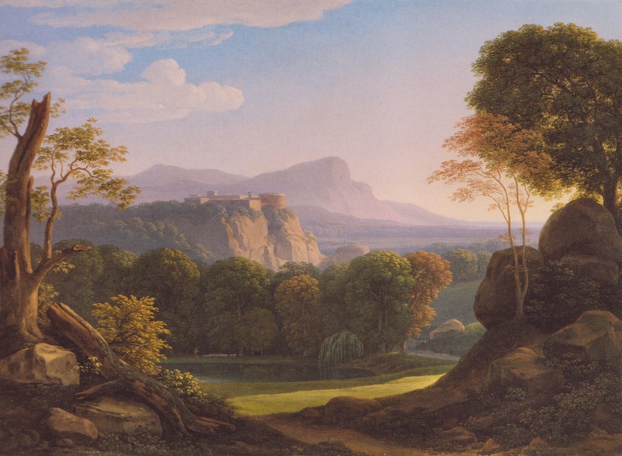 Tyska: Italienische Landschaft mit Schloss auf einem Bergrücken Italienskt landskap med slott på en bergskam av Johann Christian Reinhart