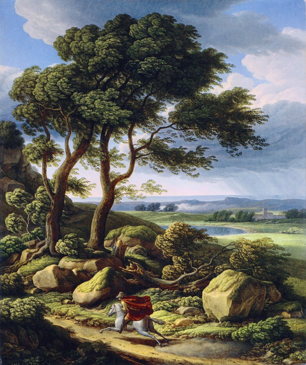 Tyska: Stormigt landskap med ryttare. av Johann Christian Reinhart